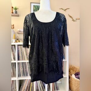 NWT Johnny Was 4 Love Size Small Black Lace Short Sleeve Layered Eyelet Shirt